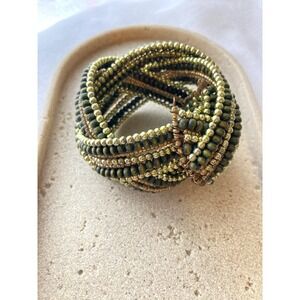 Beaded Wire‎ Wrap Statement Bracelet Olive Green Gold Tone Boho Artisan Earthy